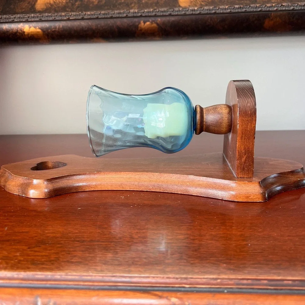 Vtg Wooden heart Wall Sconce Blue Glass Hurricane Shade Farmhouse Candle Holder